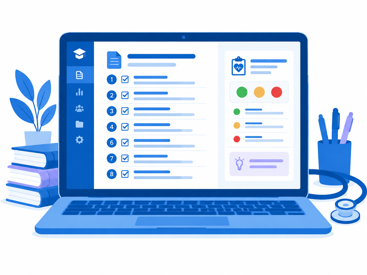 Vista del asistente con las 8 etapas del protocolo y la evaluación por semáforo